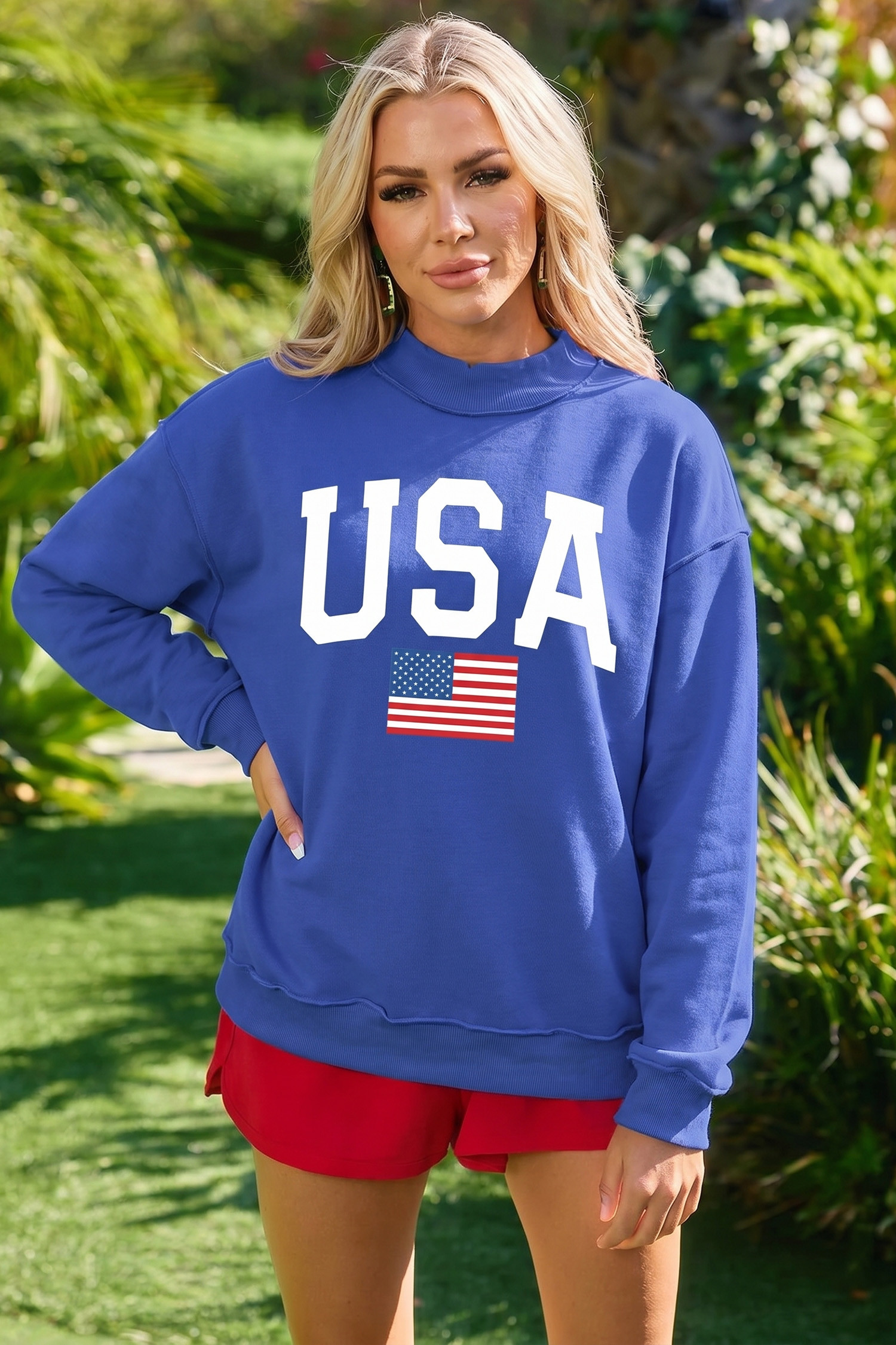 深蓝色小高领双面 USA/America 图案套头衫 LC25321366