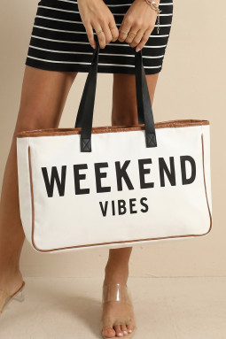白色 Weekend Vibes 印花夏季旅行帆布托特包