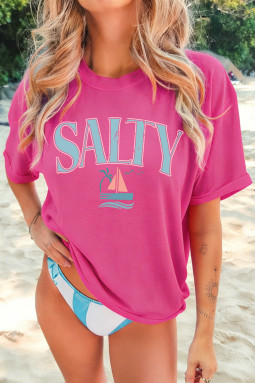 玫瑰红色复古 SALTY 标语海滩度假图案 T 恤
