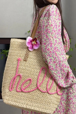 卡其色 Hello Boho 手工编织花卉旅行托特包
