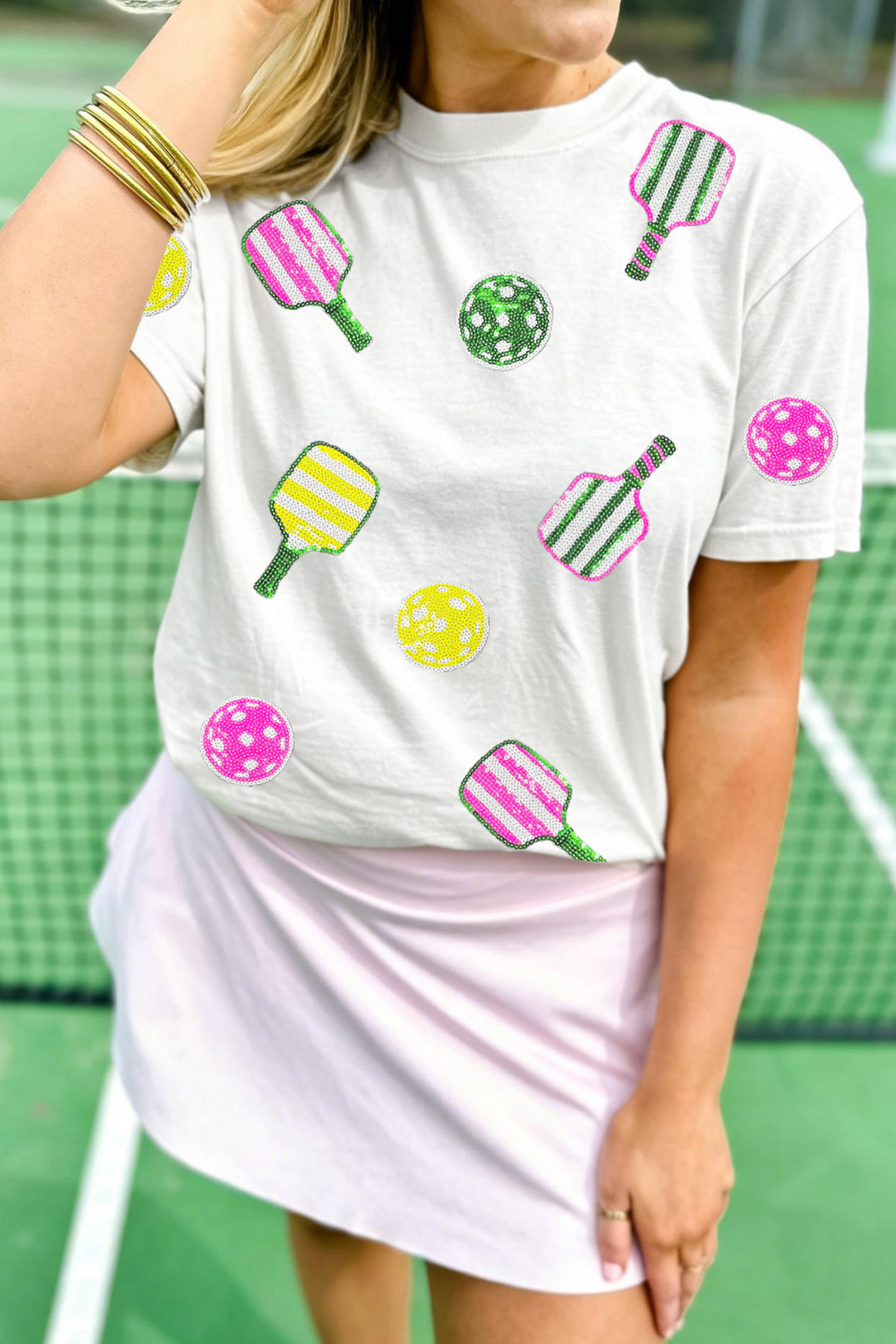 白色亮片 Pickleball 图案休闲 T 恤 LC25232238