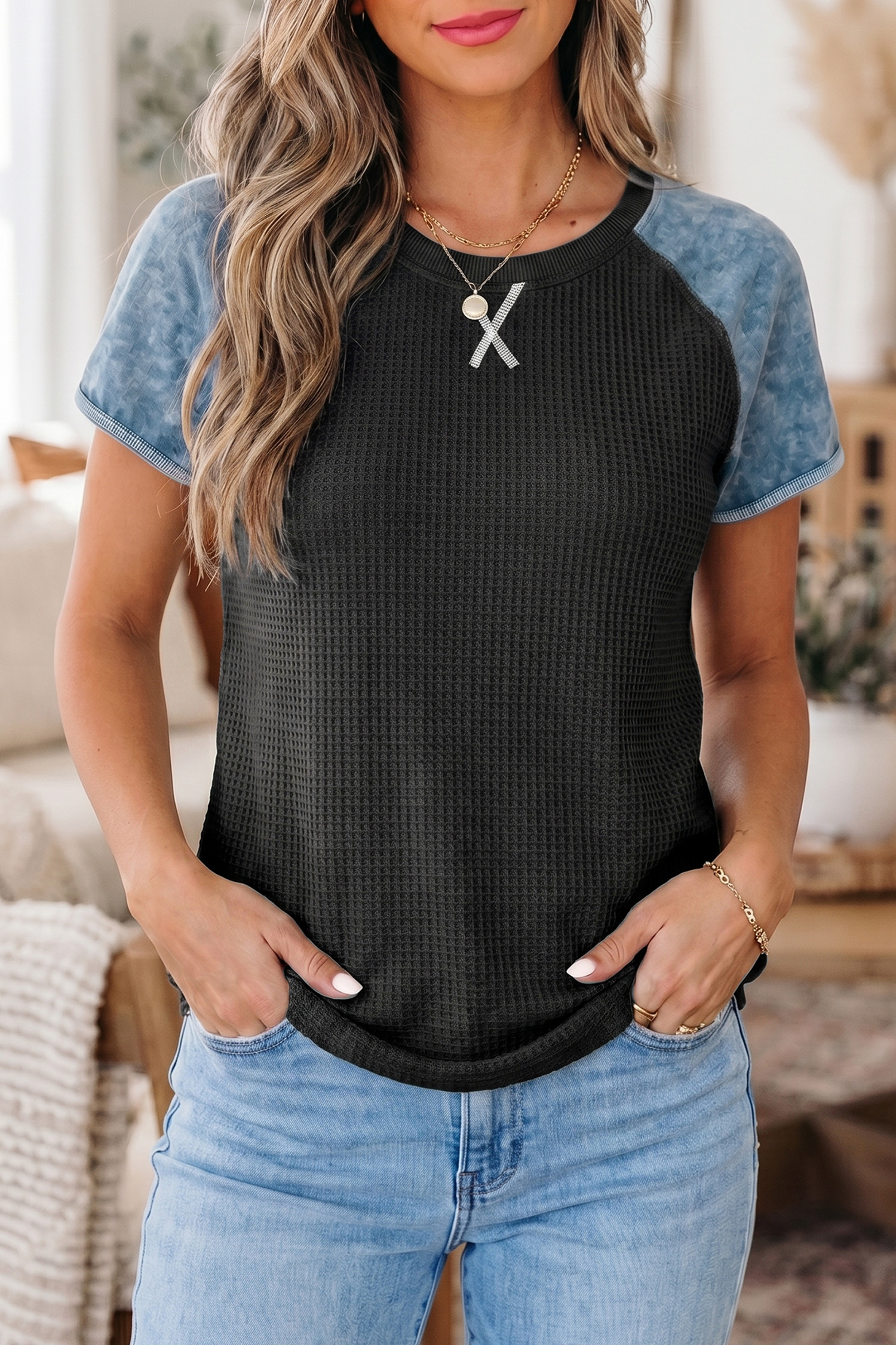 Carbon Grey Waffle Knit Seam Detail Color Block Patchwork Short Sleeve Top LC25136262