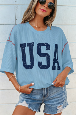 Beau Blue USA 图案半袖宽松罗纹上衣