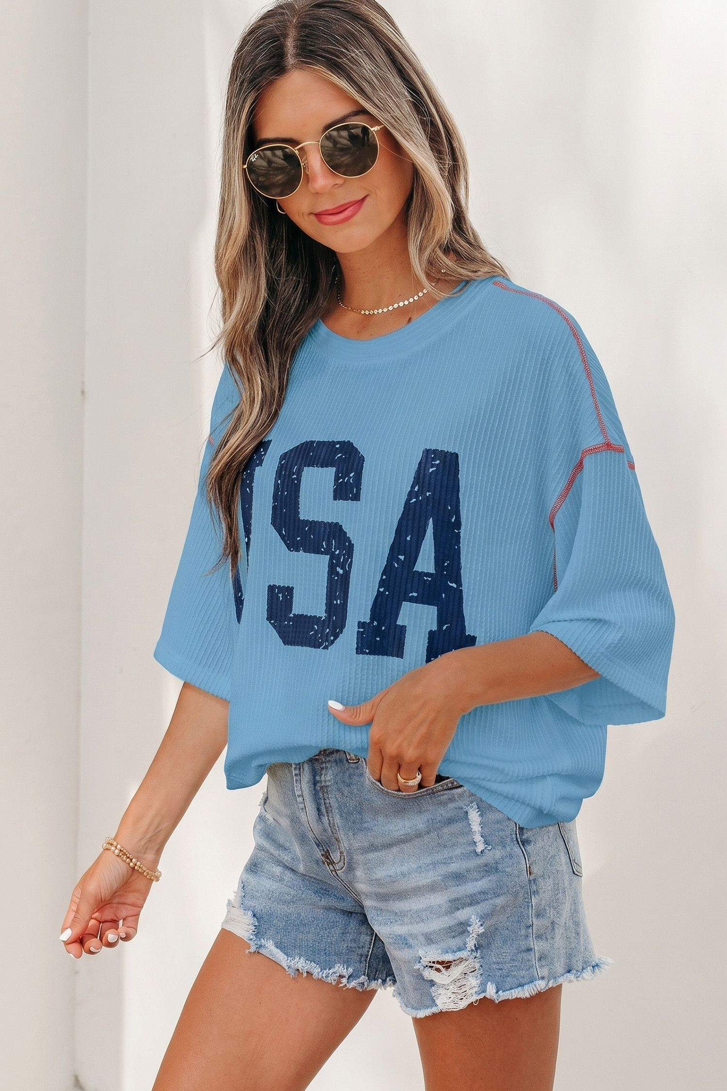 Beau Blue USA 图案半袖宽松罗纹上衣 LC25136759