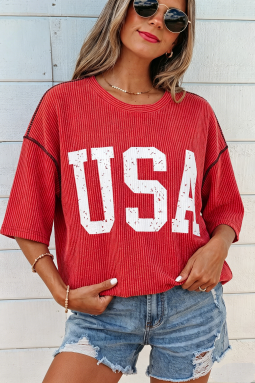 火红色 USA 图案半袖宽松罗纹上衣