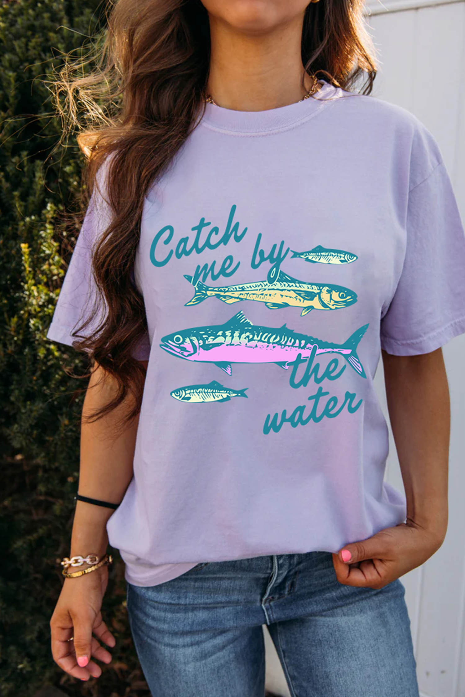 兰花花瓣 Catch me by the water 鱼印花 T 恤 LC25232235
