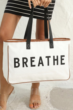 白色帆布 BREATHE 印花夏季海滩托特包