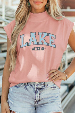 Pink Lake Weekend 图案高领短袖上衣