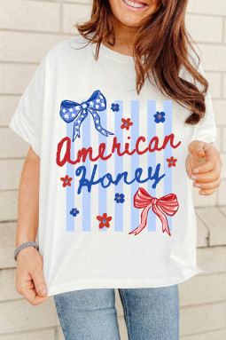 白色 American Honey Bow 花朵条纹图案 T 恤