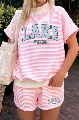 粉色条纹撞色高领短袖 LAKE WEEKEND 2 件套短裤