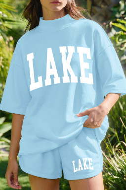 雾蓝色LAKE印花高领短袖上衣休闲短裤套装