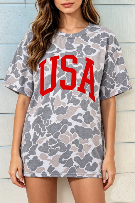 多色迷彩 USA 字母印花圆领直筒 T 恤 LC25232258-P22