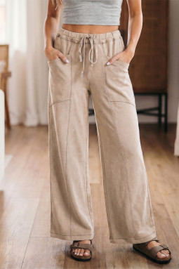 烟灰色矿洗抽绳复古高腰阔腿西裤