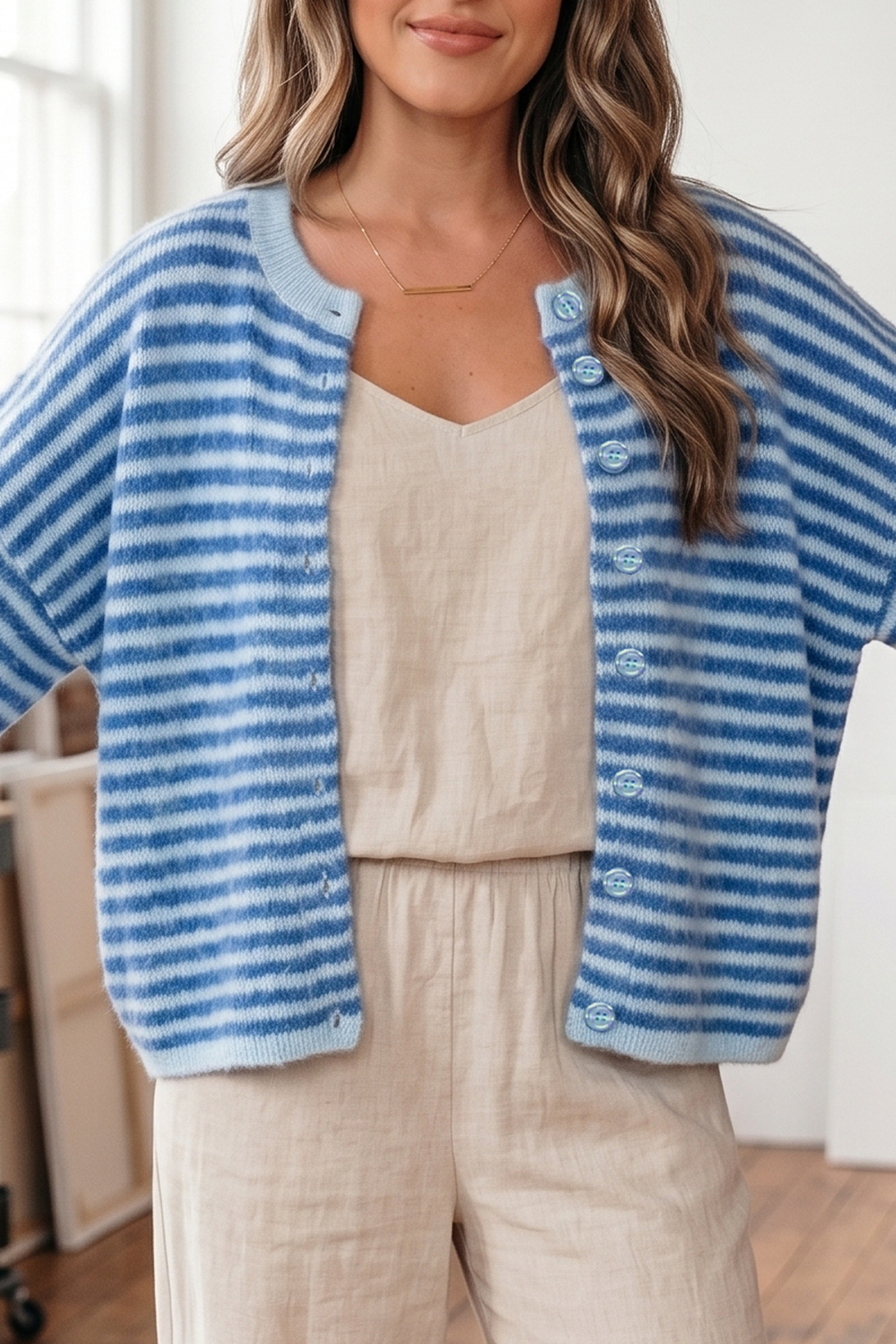 Blue Stripe Loose Half Sleeve Knit Button Down Sweater Cardigan LC2712896
