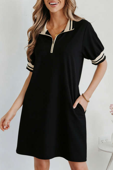 黑色条纹织带饰边 Preppy Polo T 恤连衣裙