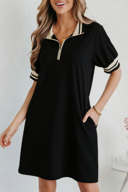 黑色条纹织带饰边 Preppy Polo T 恤连衣裙