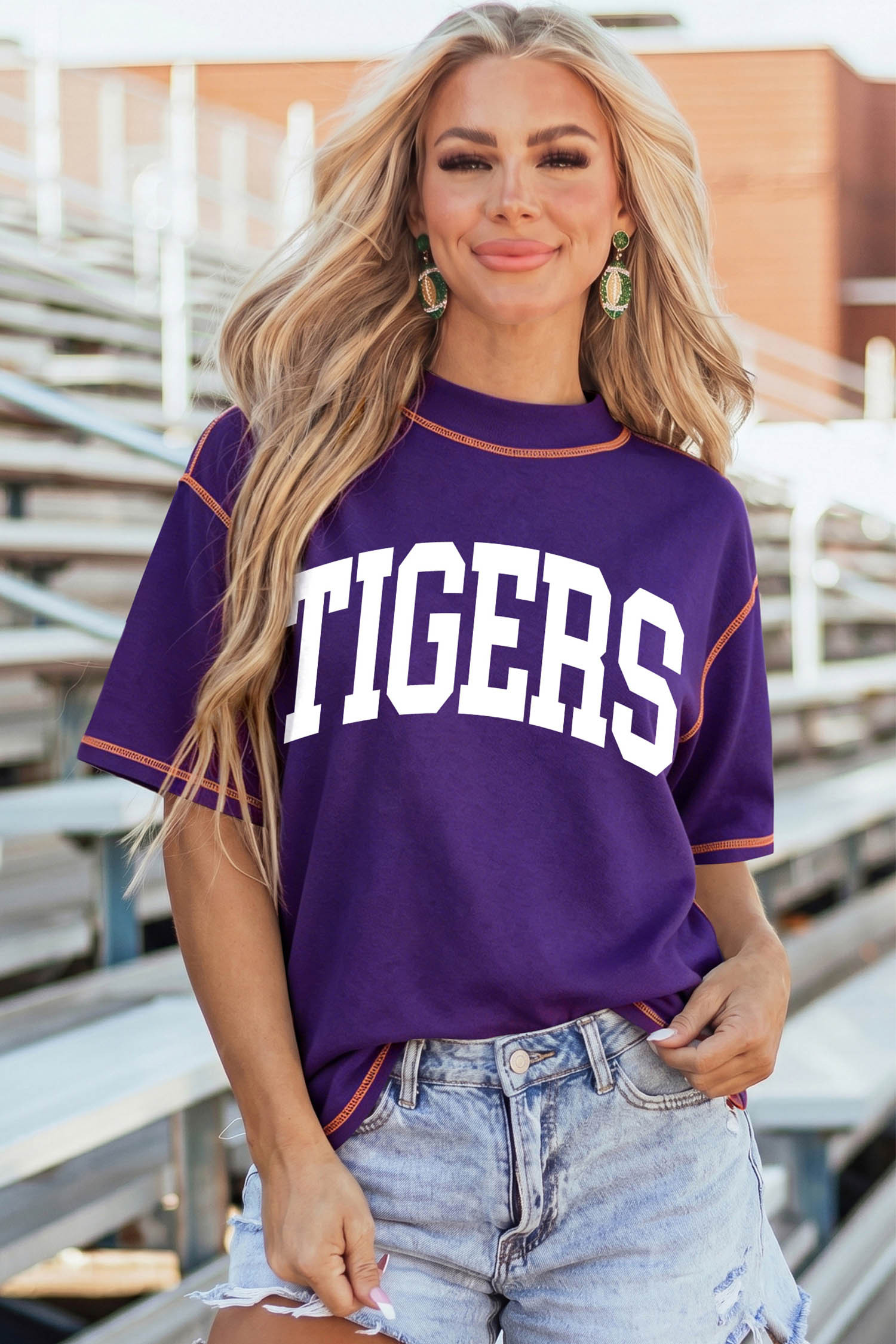 铁兰紫色 LOUISIANA/ TIGERS 双面印花高领双面休闲 T 恤 LC25231918