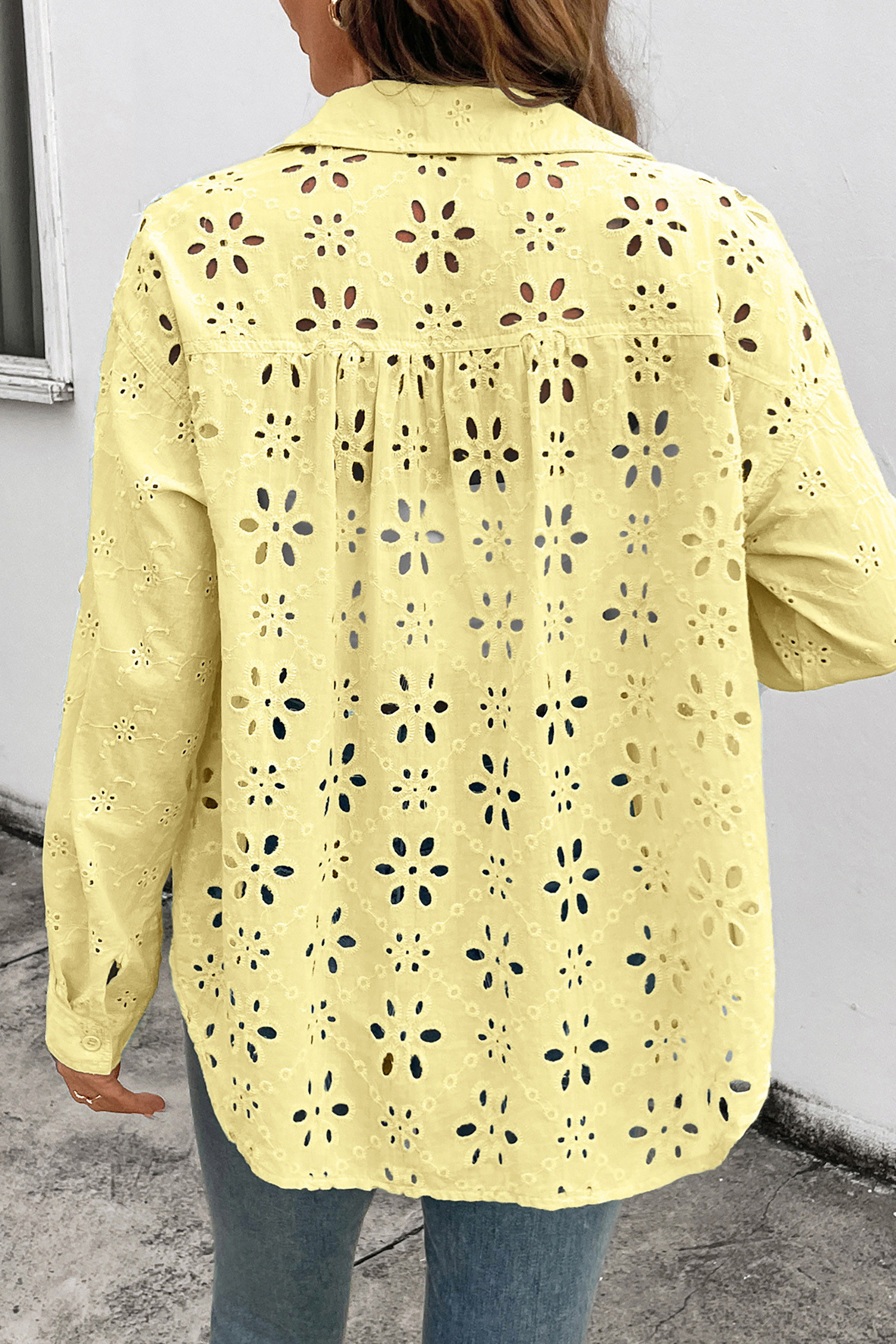 黄色奶油色纯色孔眼花卉图案系扣宽松衬衫 LC2556957