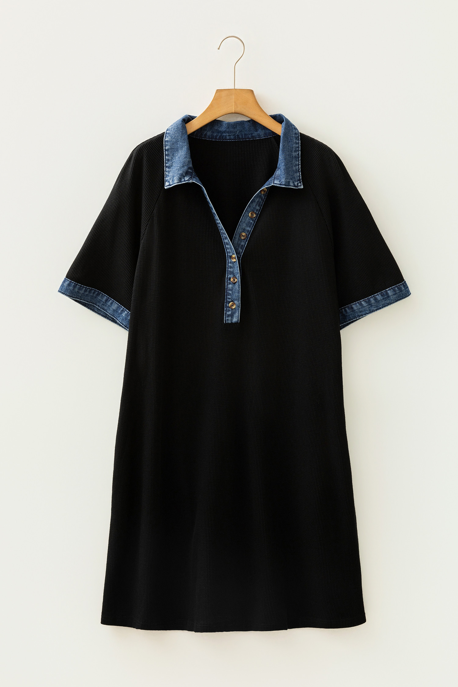 黑色拼色牛仔领短袖大码直筒连衣裙 LC6127925