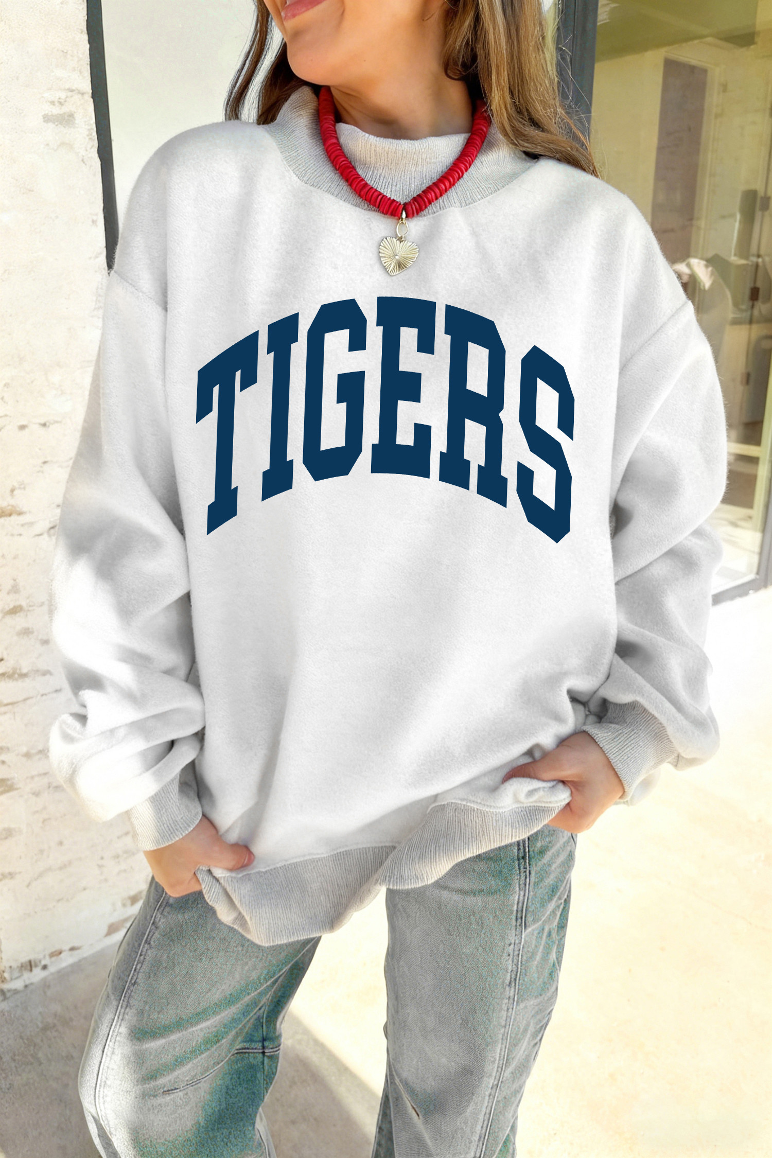 浅灰色 WARDAMN/TIGERS 双面印花高领双面宽松卫衣 LC25321857