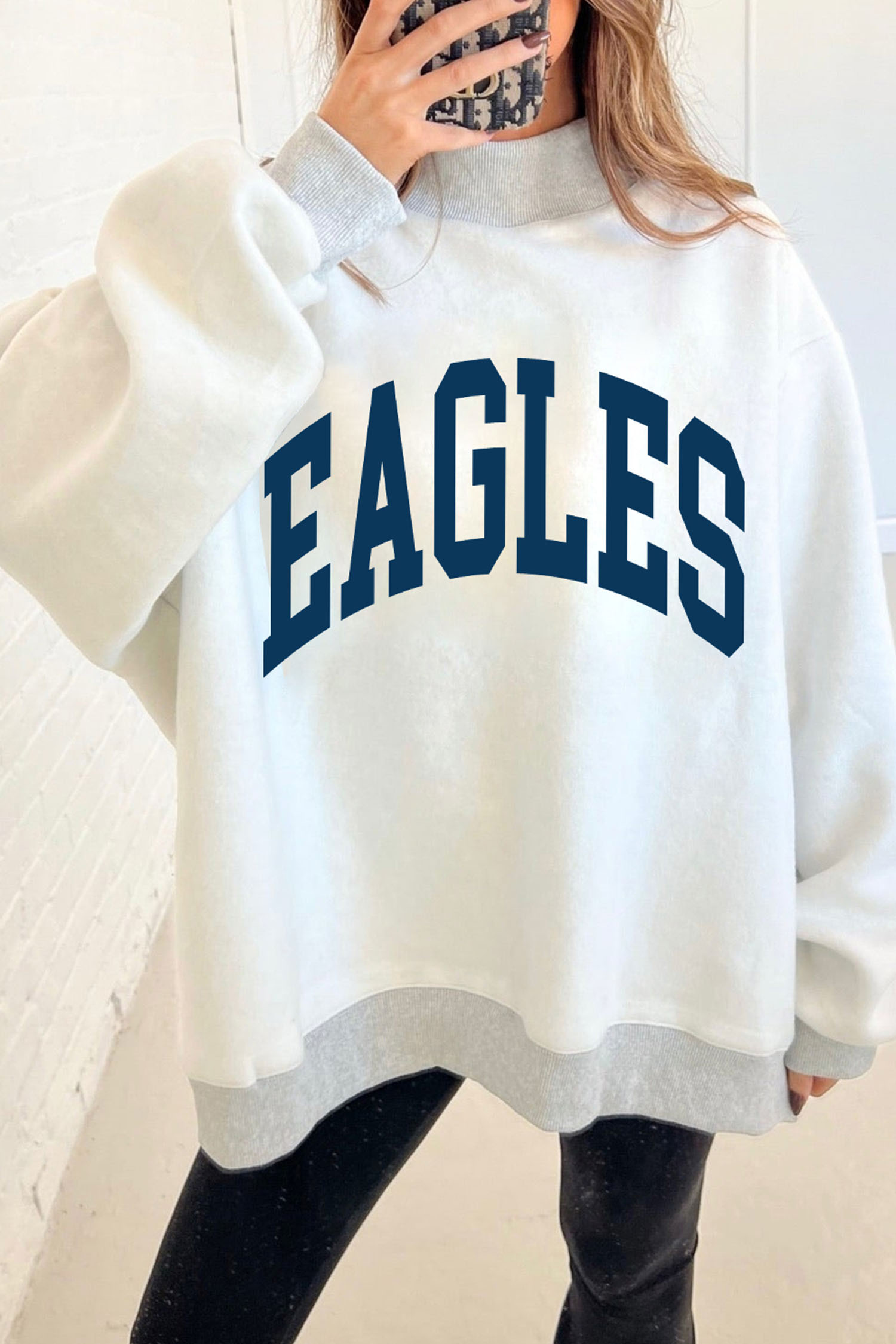 浅灰色 WAR DAMN/ EAGLES 双面印花高领宽松套头衫 LC25321978