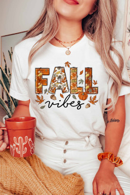 白色 FALL Vibes 时尚字母印花圆领 T 恤