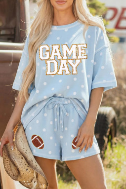 天蓝色圆点 GAME DAY 字母图案超大 T 恤抽绳短裤套装