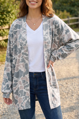 多色迷彩印花长袖开襟束腰开衫