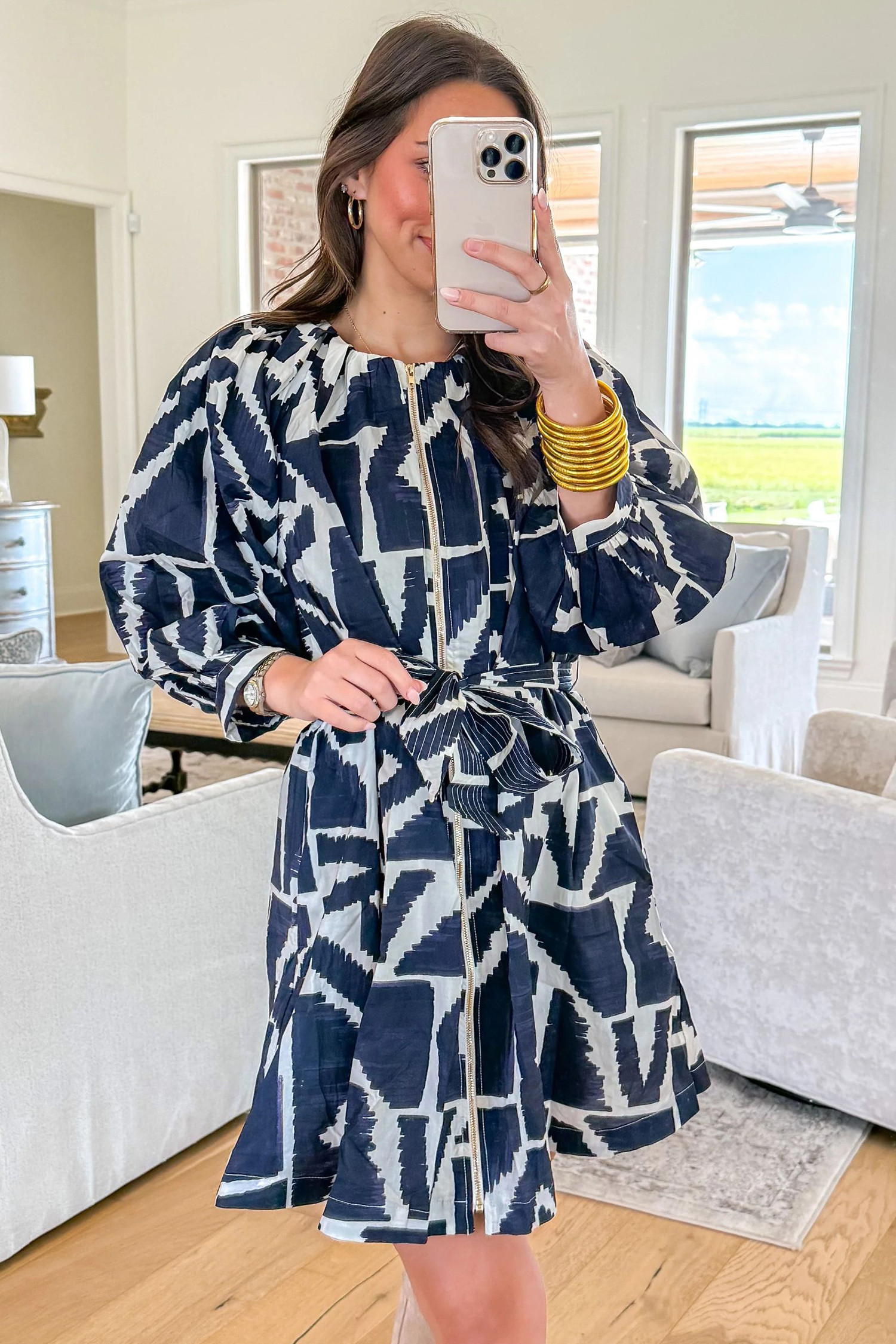 蓝色抽象几何印花前拉链系带腰部直筒连衣裙 LC6129993
