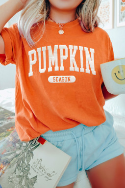 橙色 PUMPKIN SEASON 字母印花休闲 T 恤