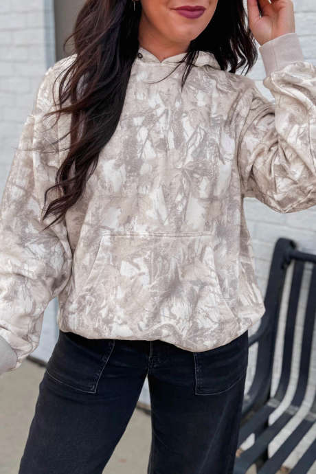 灰色抽象印花罗纹袖口下摆长袖连帽衫