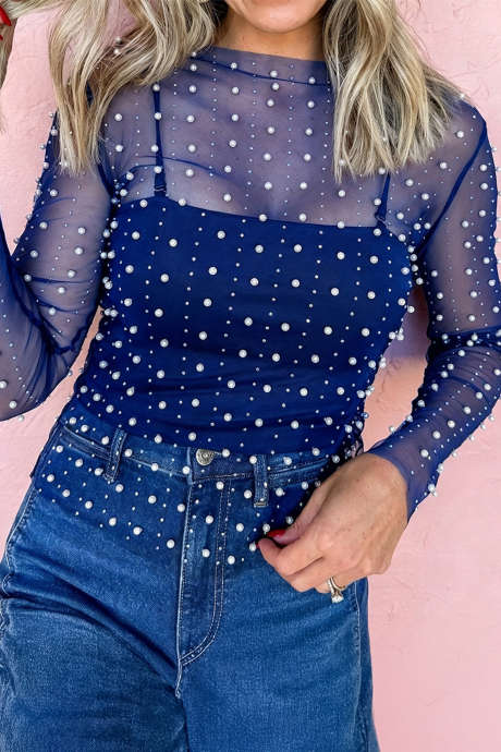 Bluing Pearl Beaded Mesh Long Sleeve Raw Hem Top