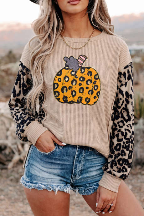 Gray Morn Leopard Sleeve Pumpkin Graphic Western Pullover Top