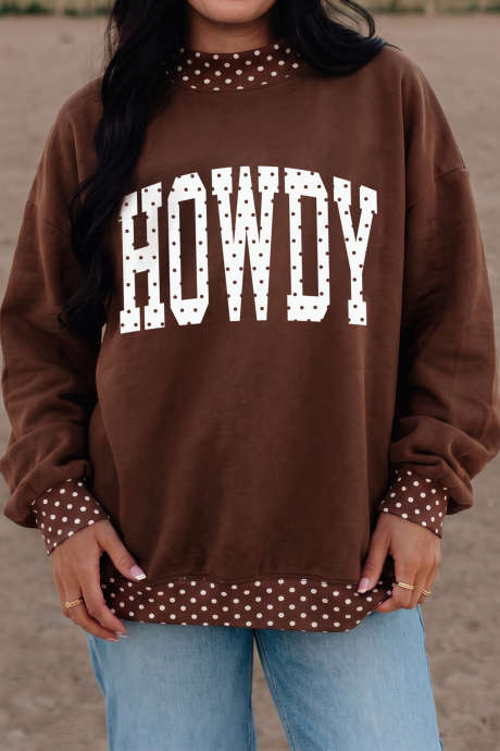 棕色 HOWDY 撞色圆点高领西部宽松套头衫