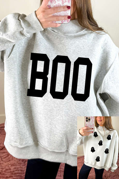 浅灰色万圣节 Boo 标语幽灵印花双面小高领套头衫