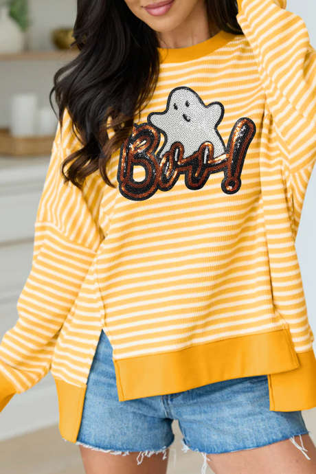 卡其色条纹 Boo 亮片 Ghost 万圣节图案开叉下摆长袖上衣
