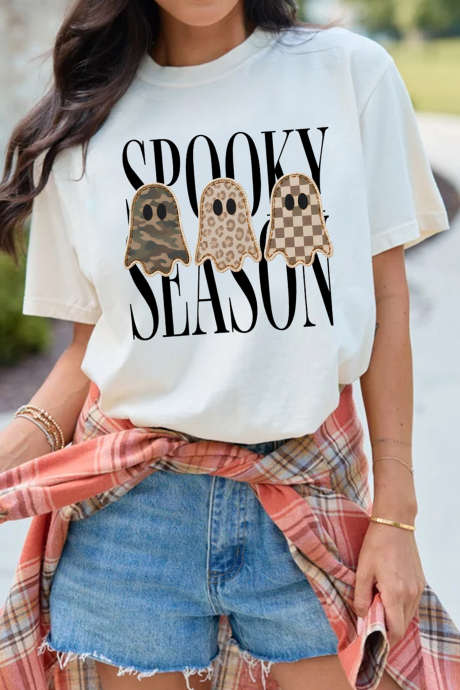 白色 Spooky Season Ghosts 图案短袖万圣节 T 恤