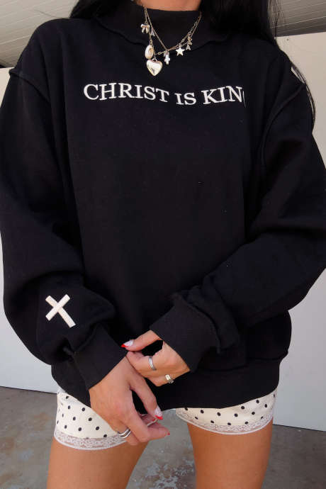 黑色 CHRIST IS KING 刺绣高领宽松套头衫