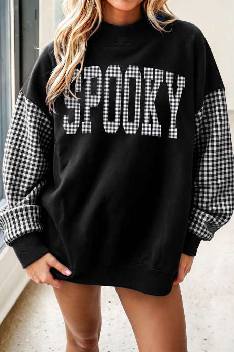 黑色撞色格子袖 SPOOKY 字母图案万圣节套头衫
