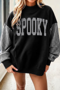 Black Contrast Plaid Sleeve SPOOKY Letter Graphic Halloween Pullover Sweatshirt