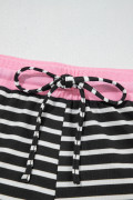 Black Stripe Color Block Patchwork Long Sleeve Pullover Plus Size Short Set