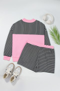 Black Stripe Color Block Patchwork Long Sleeve Pullover Plus Size Short Set