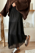 Black Solid Color Shimmer Detail Pleated Tiered Long Skirt