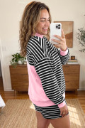 Black Stripe Color Block Patchwork Long Sleeve Pullover Plus Size Short Set