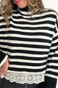 Black Striped High Neck Contrast Ruffle Detail Casual Sweater