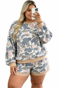 Multicolour Camouflage Print Round Neck Drop Shoulder Pullover Plus Size Shorts Set
