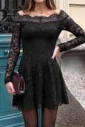 Black Off Shoulder Floral Lace Long Sleeve Fit Flare Mini Dress