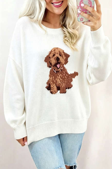 白色 Cozy 狗狗印花落肩休闲毛衣