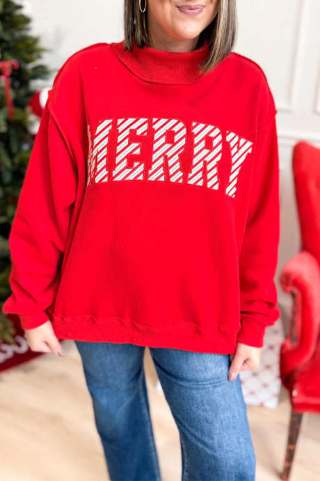 火红刺绣 Merry Slogan 立领长袖直筒卫衣