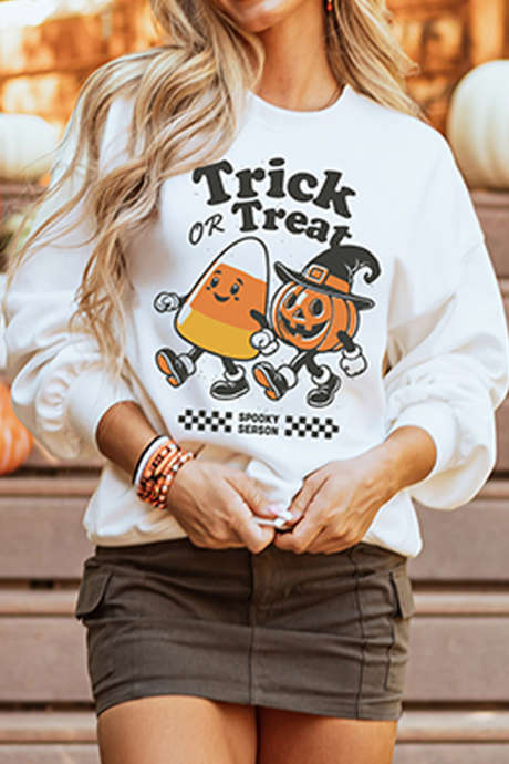 白色 Trick OR Treat 万圣节图案休闲套头衫